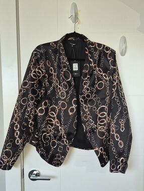 Fashion Nova Black Satin Blazer with Gold Chain Print